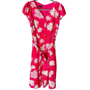 Talbots Dress Women's 8 Belted Midi Shirtdress Crysanthemum Floral Tomato Girl